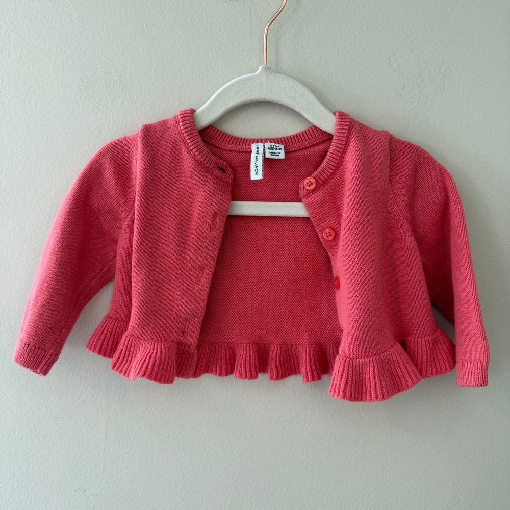Jane and Jack Coral Pink Ruffle‎ Trim Cardigan Sweater 3 to 6 Months Baby Girl